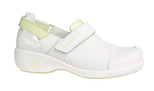 Oxypas Arbetsschuhe aus Leder - SALMA - Sicherheitsclog für Damen, rutschfeste und Bequeme Schuhe ideal für Krankenhaus und Pflege, Weiss Grün, 39 EU