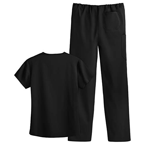 fasloyu Unisex Pflege Uniform Set mit Kasack und Hose, V-Ausschnitt Arbeitsuniform Nurse Schrubb Set, Pflege Berufsbekleidung (Schwarz, XXL)