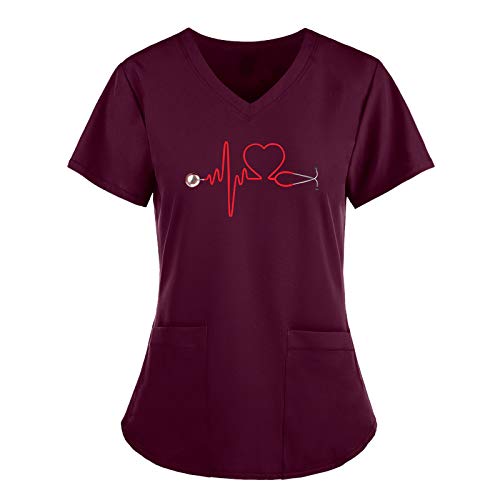 Briskorry Damen Pflege Krankenhaus Kurz Kasack Schlupfhemd V-Neck Kurzarm Schlupfkasack Kasack Uniform Berufsbekleidung Krankenschwester Kleidung V-Ausschnitt Tops Working Einfarbige Taschenbluse