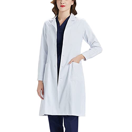 Laborkittel Damen Kittel Arztkittel Lab Coat Labormantel Weiß Arbeitskleidung Arbeitsmantel Baumwolle Damen mit Reverskragen Langen Ärmeln Geeignet für Arbeit, Masseur, Krankenschwester, Cosplay S