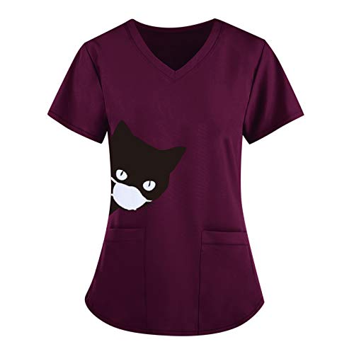 STPT Schlupfkasack Unisex - Damen Pflege Kasacks V-Ausschnitt Schlupfhemd mit Katze Motive Bedruckt - Katzemuster Kurzarm T-Shirt Tops - Arbeitskleidung Kleidung mit Taschen Berufsbekleidung
