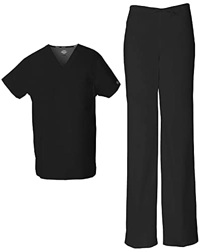 Dickies EDS Signature 83706 Unisex-Kasack, verstaubares Oberteil mit V-Ausschnitt und 83006 Hose mit Kordelzug, Schwarz, XS Top/XS Hose