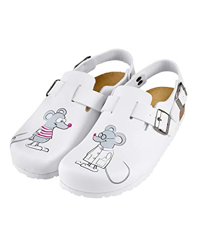 CLINIC DRESS Clog - Clogs Damen bunt weiß Motiv. Schuhe für Krankenschwestern, Ärzte oder Pflegekräfte weiß, Mäuse 40