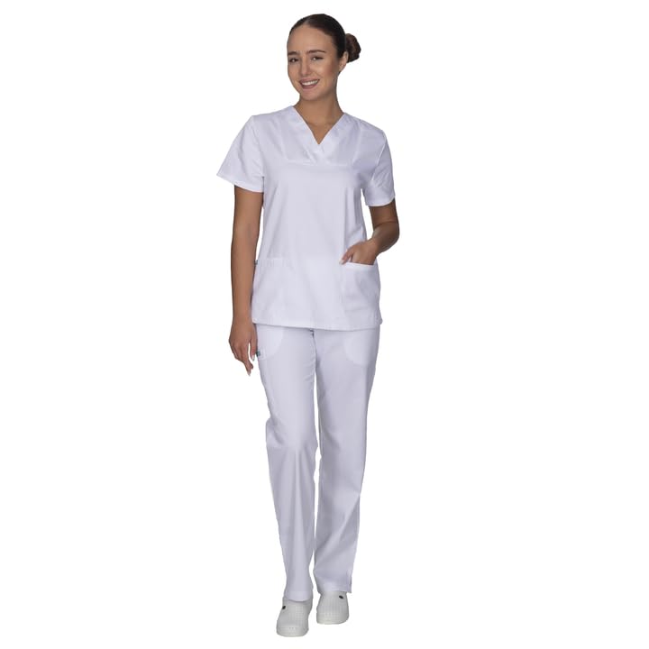 ALEZI Medizinische Arbeitskleidung & OP-Kleidung - Klinik Kasack Set für Frauen | Rundhalsausschnitt, Mid-Line Passform, Taschen | Waschbar und langlebig | Medizinische Uniform für Damen (Weiß)
