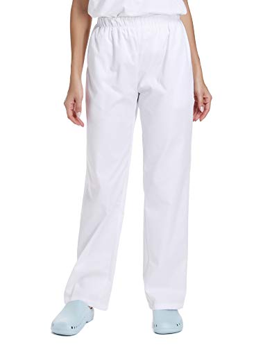 WWOO Damen OP-Hose weiße Schlupfhose Uniformen Hose Bundhose aus Baumwolle mit Gummibund professionelle Materialie Dünnes L