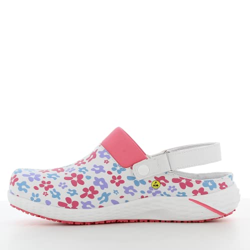 SAFETY JOGGER Arbeitsschuhe Damen - Rosa Blümen, 40 EU, Leichter, Bequemer Arbeitsschuh mit Klettverschluss, ideal für Pflege, Küche oder Innenbereich, rutschfest und stoßdämpfend Sicherheitsclog