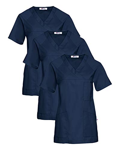 CLINIC DRESS Schlupfkasack 3er-Pack Damen Kasacks für Pflege Ärzte und Ärztinnen Praxisteam V-Ausschnitt Raglanärmel 95 Grad Wäsche Navy XL