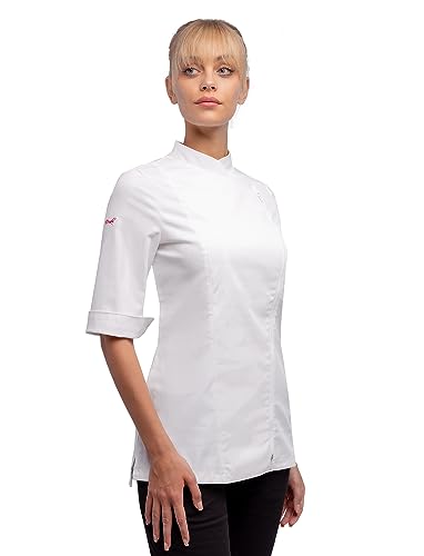 strongAnt Damen Kochjacke mit Reißverschluss Stretch Professionelle Kochuniform - Weiß, Größe: L