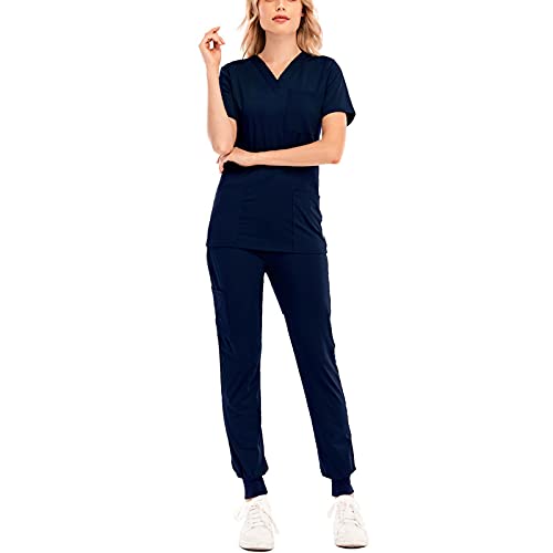 Damen 2-Teiliges Kasacks Set Medizinische Uniform Outfits mit Kasack und Hose Pflege Berufsbekleidung V-Ausschnitt Schlupfkasack+Schlupfhose Pflegeuniform Set Laborkittel Einfarbig Arbeitsuniform