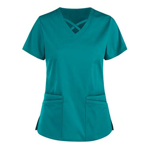 UNHU Damen Pflegebekleidung Einfarbig T-Shirt Schlupfkasack Kurzarm V-Ausschnitt Schlupfhemd Berufskleidung Kasack Krankenpfleger Uniformen mit Taschen