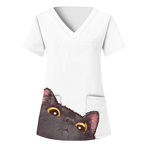 Pflege Kasack Damen Cartoon-Katze Gedruckt Kittel Damen Berufskleidung Kurzarm V-Ausschnitt Uniformen Damen Pflege Mit Taschen Schlupfkasack Damen Pflege Muster Laborkittel Bunte Kasacks