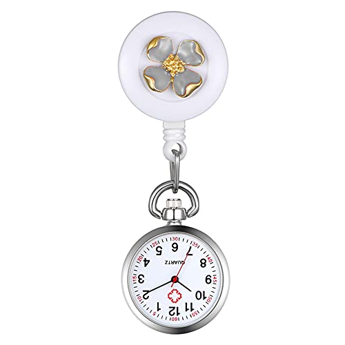 Avaner Krankenschwesteruhr graue Blume Pflegeruhr FOB Analog Quarzwerk pulsuhr Ansteckuhr Unisex Silver schwesternuhren mit Pin/Clip Set ausziehbar Arzt Doktor Medical Taschenuhr