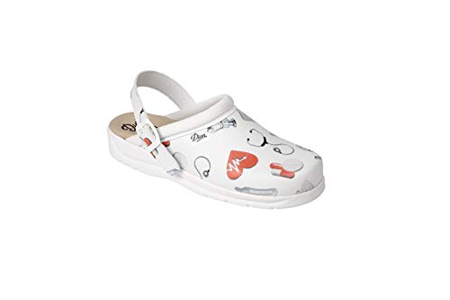 DIAN Clog- Ultraleichter, Antibakteriall, Rutschfester Sicherheitstrainer, ideal für Krankenhaus-, Gesundheits-, Küchen- und Reinigungspersonal, Pisa Estampado Weiß, 38 EU