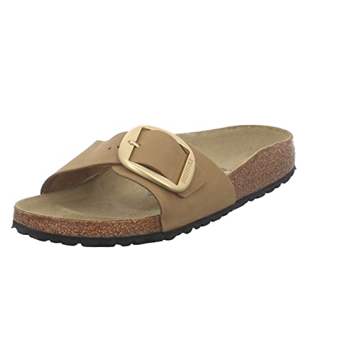 BIRKENSTOCK Damen Pantoletten Sandalen Madrid Big Buckle Pantolette Glattleder Gemütlich Puschen Uni Madrid Big-Buckle dunkel-blau Leder Gold