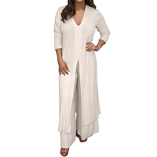 NHNKB Overall Damen Lang Elegant Damen Anzüge 2-Teilige Elegant Damen Plus Size V-Ausschnitt Langarm Chiffon Hemd Strandanzug Schlitz Long Top+Hose Anzug Bluse Unten Pyjama Einteiler Damen