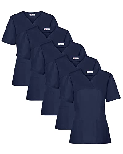 CLINIC DRESS Schlupfkasack 5er-Pack Damen Kasacks für Pflege Ärzte und Ärztinnen Praxisteam 2 Taschen leicht tailliert Navy S