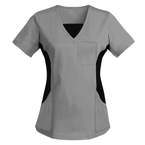 AACH Kasacks Damen Pflege Krankenhaus Schlupfhemd Bluse Kurzarm V-Ausschnitt Schlupfkasack Uniform Krankenschwester Plus Size Farbblock Arbeitskleidung Tops mit Taschen Berufsbekleidung