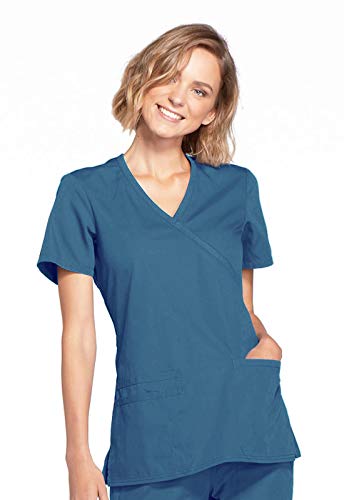 CHEROKEE Damen Workwear Core Stretch Mock Wrap Scrubs Shirt Medizinische Berufskleidung, Karibikblau, Groß