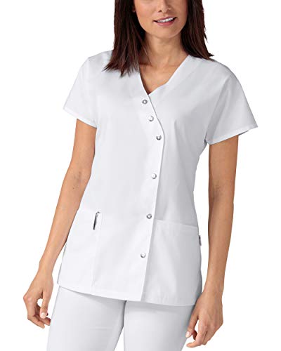 CLINIC DRESS Kasack für Damen V-Ausschnitt Druckknopfleiste für Krankenpflege und Altenpflege 50% Baumwolle 95 Grad Wäsche weiß 38