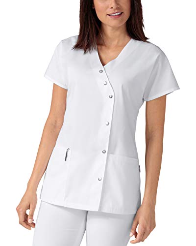 CLINIC DRESS Kasack für Damen V-Ausschnitt Druckknopfleiste für Krankenpflege und Altenpflege 50% Baumwolle 95 Grad Wäsche weiß 36