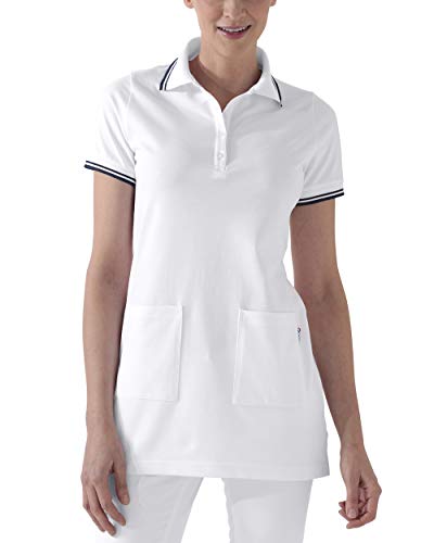 CLINIC DRESS Longshirt Damen-Longshirt mit Polokragen 73 cm lang mit Seitenschlitzen, mit Stretch weiß/Navy 42/44