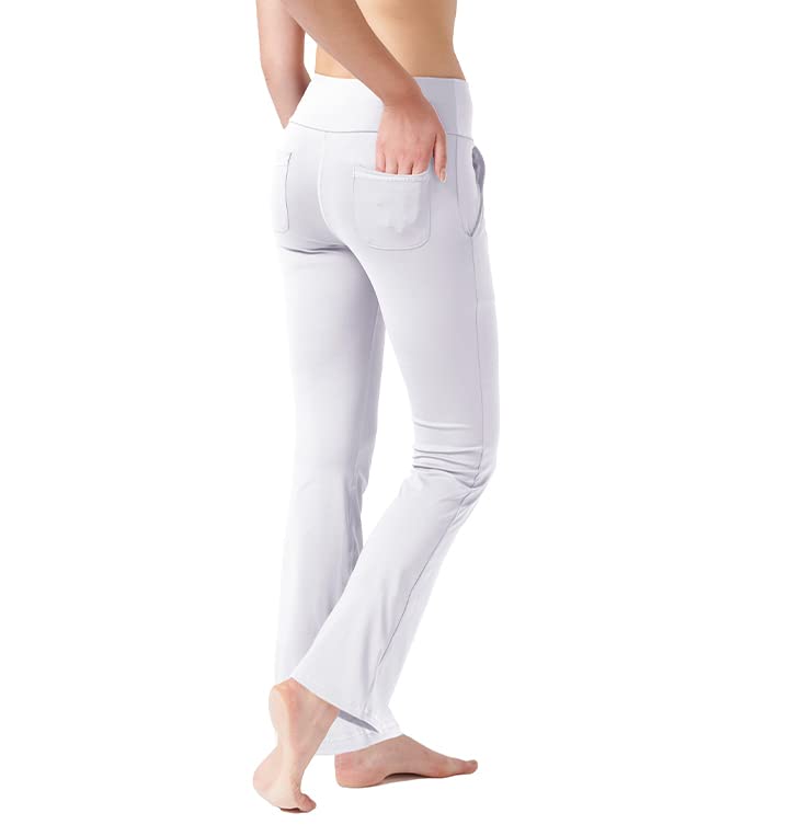 LaiEr Damen Yogahose mit 4 Taschen Hohe Taille Arbeitshose 4 Wege Stretch Bauchkontrolle Lange Flare Hose, Weiß (2 Seiten- und Gesäßtaschen), L