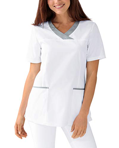 CLINIC DRESS Schlupfkasack Damen-Kasack für die Pflege 1/2 Arm V-Ausschnitt 2 Seitentaschen mit Passennaht 50% Baumwolle 60 Grad Wäsche weiß/grau 40
