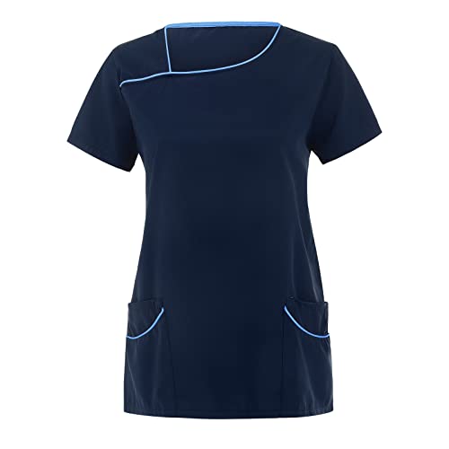 MJIQING Kasack Damen Pflege Günstig Große Größen Kurzarm V-Neck Kasack Damen Pflege Mit Einfarbig Und Taschen Uniform Berufsbekleidung Krankenschwester Kleidung Arzt Kostüm