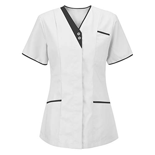 STPT Damen Pflegebekleidung mit Tasche Kurzarm V-Neck Krankenschwester Uniformen Arbeitskleidung Mischgewebe Kasack Krankenpfleger Uniformen Altenpflege Kurzarm Kasacks Damen Pflege
