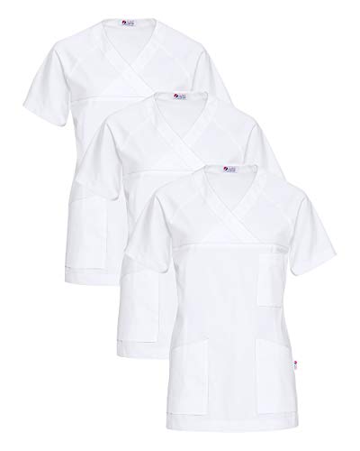 CLINIC DRESS Schlupfkasack 3er-Pack Damen Kasacks für Pflege Ärzte und Ärztinnen Praxisteam V-Ausschnitt Raglanärmel 95 Grad Wäsche weiß M