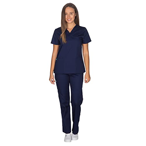 ALEZI Medizinische Arbeitskleidung & OP-Kleidung - Klinik Kasack Set für Frauen | Rundhalsausschnitt, Mid-Line Passform, Taschen | Waschbar und langlebig | Medizinische Uniform für Damen (Dunkelblau)