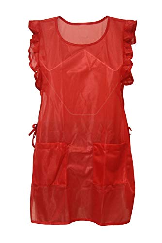 Chasuble Kasack Überwurf Schürze Dederon Nylon Nostalgie Rüsche einfarbig, Farbe:rot, Größe:XL (50-56)