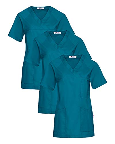 CLINIC DRESS Schlupfkasack 3er-Pack Damen Kasacks für Pflege Ärzte und Ärztinnen Praxisteam V-Ausschnitt Raglanärmel 95 Grad Wäsche Petrol L
