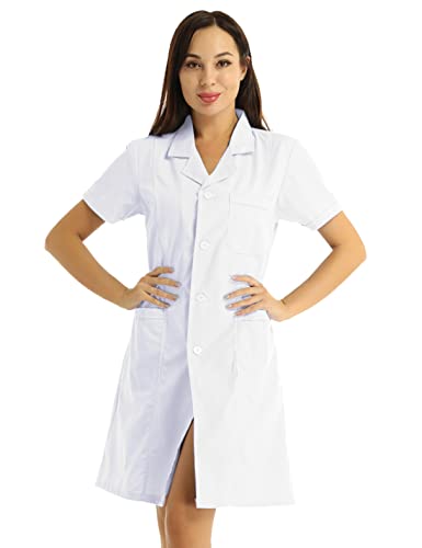 Agoky Damen Arztkittel Berufsmantel Laborkittel Arztin Uniform Medizin mit Knöpfe und Taschen Kurzarm Kleid Klinik Krankenhaus Berufskleidung Weiß S