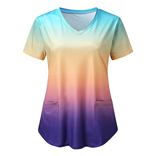 BJJH Outdoor Kasack Damen T-Shirts Pflege Berufskleidung Bunt Gradient V-Ausschnitt Basic Schlupfhemd Kurzarm Schlupfkasack Übergröße Krankenpfleger Uniformen mit Taschen