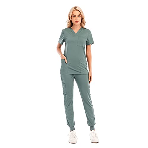 BJJH Outdoor Arbeitskleidung Pflege Damen Schlupfkasack Schlupfhose Set Uniform mit Oberteil und Hose Einfarbig V-Ausschnitt Kasack Kurzarm Berufsbekleidung Zwei Taschen