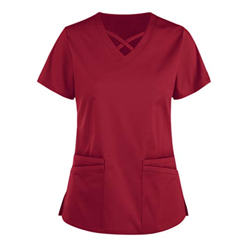 UNHU Damen Pflegebekleidung Einfarbig T-Shirt Schlupfkasack Kurzarm V-Ausschnitt Schlupfhemd Berufskleidung Kasack Krankenpfleger Uniformen mit Taschen