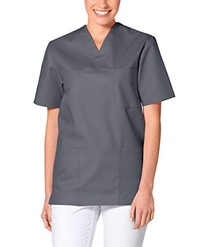 CLINIC DRESS Schlupfkasack - Unisex Kasack Damen und Herren bunt für Pflege und Altenpflege, Kurzarm und Brusttasche, 95 Grad Wäsche steingrau L