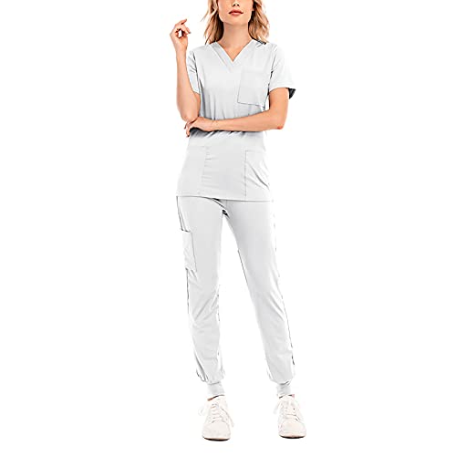 Graceyo Damen 2-Teiliges Kasacks Medizinische Uniform Outfits mit Kasack und Hose Pflege Berufsbekleidung V-Ausschnitt Schlupfkasack+Schlupfhose Pflegeuniform Laborkittel Arbeitsuniform, Weiß, XXL