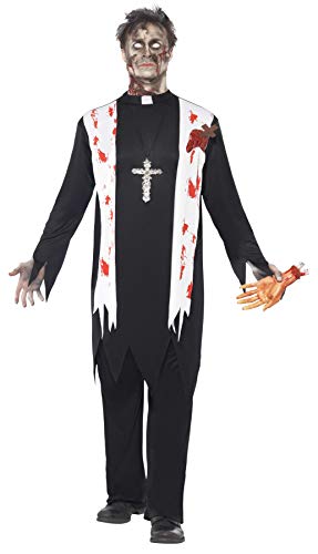 Zombiekostüm Priester mit blutigem Oberteil Latexwunde Kragen und Hose, Medium