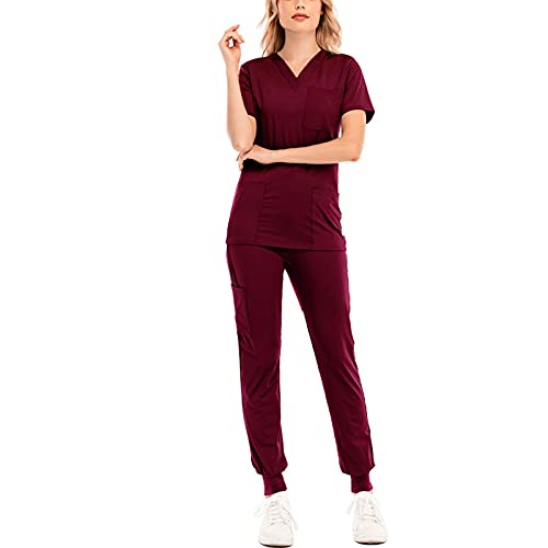 Damen 2-Teiliges Kasacks Set Medizinische Uniform Outfits mit Kasack und Hose Pflege Berufsbekleidung V-Ausschnitt Schlupfkasack+Schlupfhose Pflegeuniform Set Laborkittel Einfarbig Arbeitsuniform