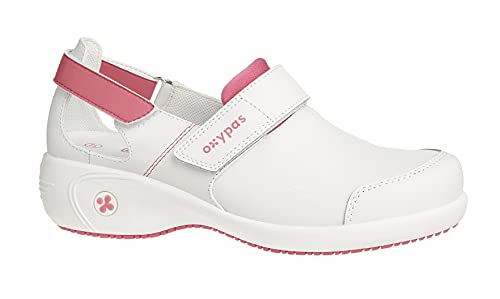 Oxypas Arbetsschuhe aus Leder - Salma - Sicherheitsclog für Damen, rutschfeste und Bequeme Schuhe ideal für Krankenhaus und Pflege, Weiss Rosa, 39 EU