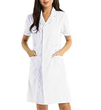 iEFiEL Damen Kittel V-Ausschnitt Laborkittel Arztkittel - Weißer Mantel Krankenschwester Kostüm Kleid schlank für Wissenschaftslabor Studenten A Weiß Medium
