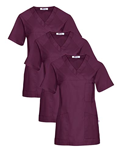 CLINIC DRESS Schlupfkasack 3er-Pack Damen Kasacks für Pflege Ärzte und Ärztinnen Praxisteam V-Ausschnitt Raglanärmel 95 Grad Wäsche Pflaume L