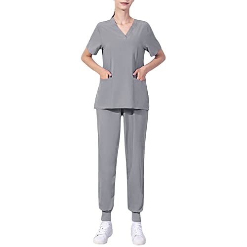 MJIQING Arbeitskleidung Pflege Damen Uniformen Einfarbig V-Ausschnitt Kurzarm Schlupfkasack Schlupfhose Set Berufsbekleidung mit Kasack T-Shirts Multi Pocket Hose