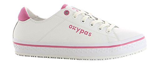 Oxypas Fashion, Berufsschuh Paola, Antistatischer (ESD) Leder Sneaker für Damen (39, Weiß - Fuchsia)