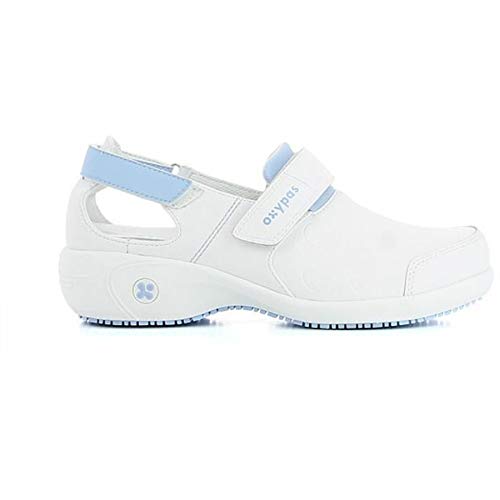 Oxypas Arbetsschuhe aus Leder - Salma - Sicherheitsclog für Damen, rutschfeste und Bequeme Schuhe ideal für Krankenhaus und Pflege, Weiss Blau, 38 EU