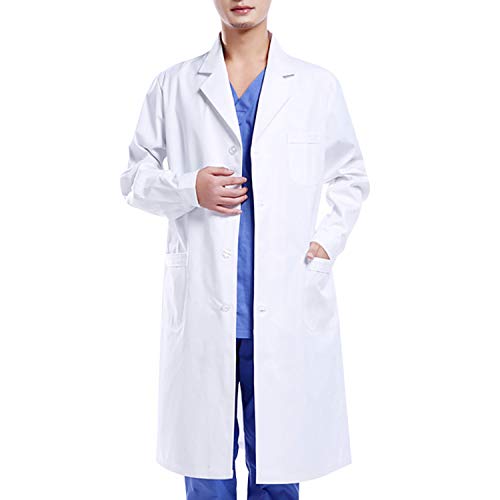 Wafly Unisex Weiß Laborkittel Chemie Baumwolle Schutzkleidung mit knöpfen und Tasche Damen Herren Langarm Laborkittel Arzt Medizin Mäntel Medizinische Uniform für Arbeit, Studium,Labor,M