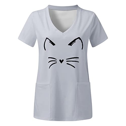 Schlupfkasack Damen Pflege Katze Gedruckt Kittel Damen Berufskleidung Kurzarm V-Ausschnitt Bunte Kasacks Mit Taschen Schlupfkasack Damen Pflege Laborkittel Schwesternkittel Kasack Bunt