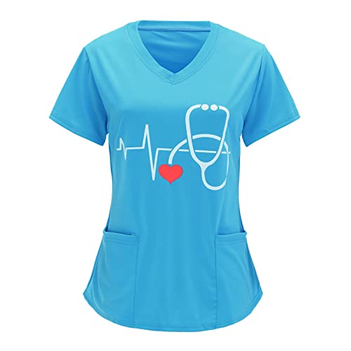 Kasack Damen Pflege Günstig Herz-EKG-Gedruckt Arbeitsuniform Kurzarm V-Ausschnitt Kasacks Damen Pflege Einfarbig Mit Taschen Laborkittel Damen Kasacks Große Größen Schlupfhemd Schlupfkasack